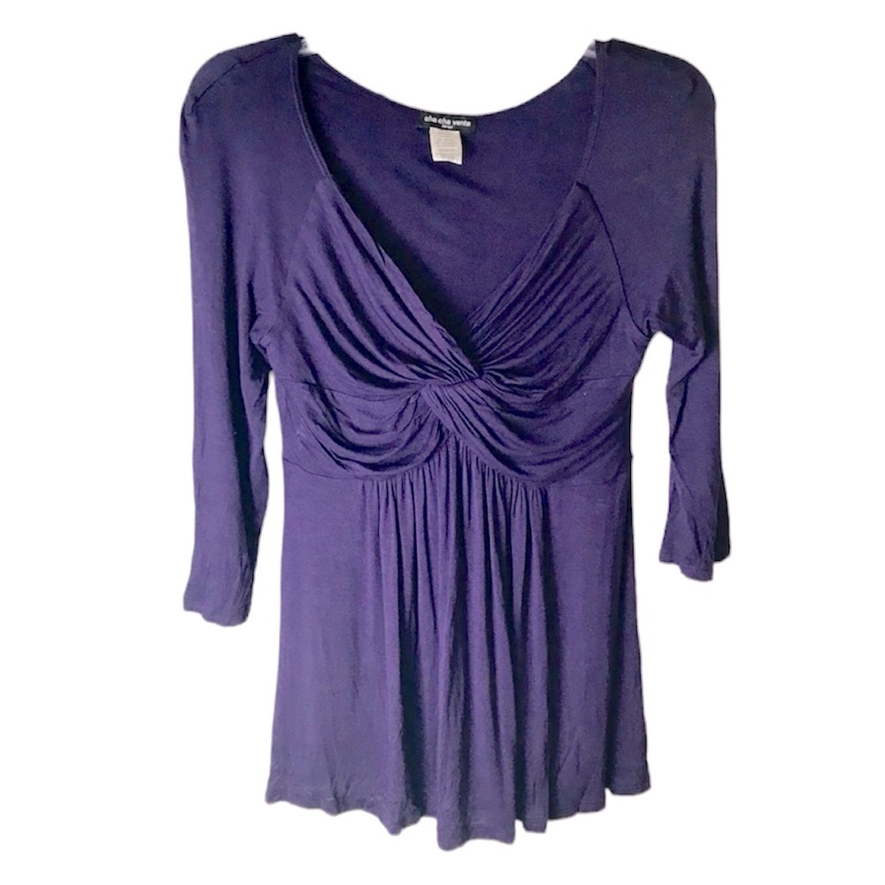 ChaCha Vente Ruched Drapy Top V Neck T Shirt Stretch Lightweight Faux Wrap Tunic